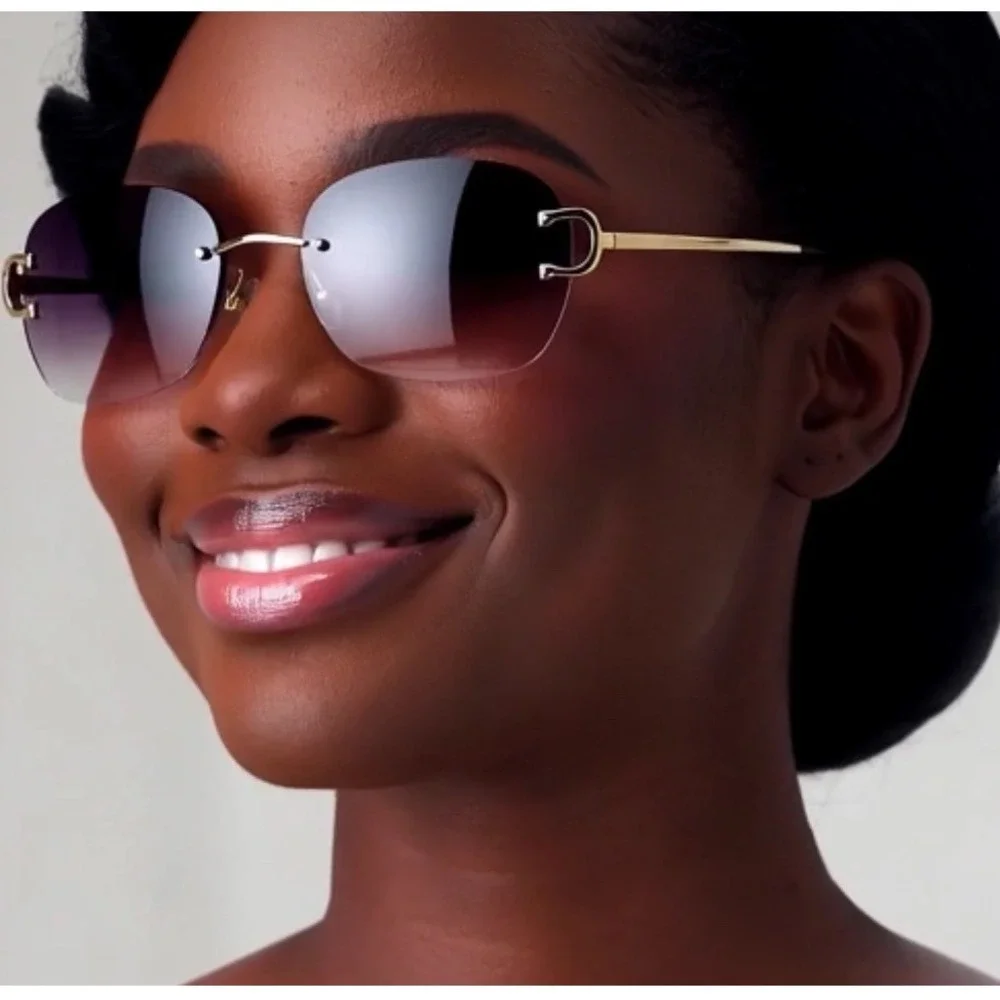 Classic Elegant Modern Sophisticated SUNGLASSES Rimless Gold Frame Black Lens‎